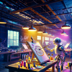 Illustration: ein Roboter in einer Werkstatt